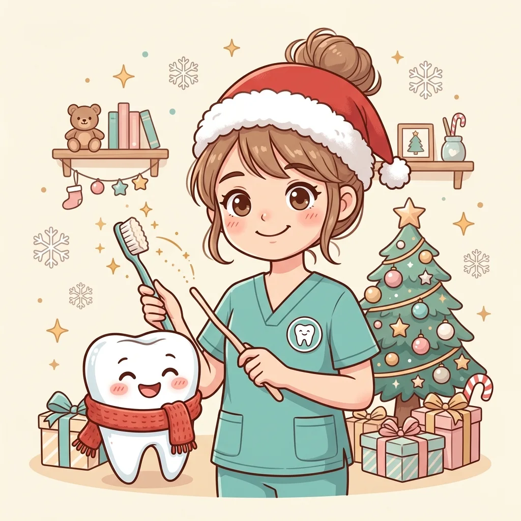 Illustrazione natalizia: dottoressa con cappello di Babbo Natale, dentino con sciarpa e albero di Natale